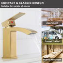 EZANDA Brass Waterfall Bathroom Vanity Faucet Extra Large Rectangular Spout Deck Plate Pop-up Sink Supply Hoses Brushed Gold 1416908