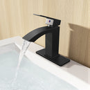 EZANDA Brass Waterfall Bathroom Faucet Large Rectangular Spout Pop-up Drain Assembly & Water Supply Hoses Matte Black 14254