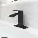 EZANDA Brass Waterfall Bathroom Faucet Large Rectangular Spout Pop-up Drain Assembly & Water Supply Hoses Matte Black 14254