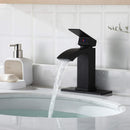 EZANDA Brass Waterfall Bathroom Faucet Large Rectangular Spout Pop-up Drain Assembly & Water Supply Hoses Matte Black 14254