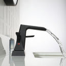 EZANDA 2-Handle Waterfall Faucet, 4 Inch Centerset Bathroom Sink Faucet with Metal Pop-up Sink Drain & Faucet Supply Lines, Matte Black (1433004)